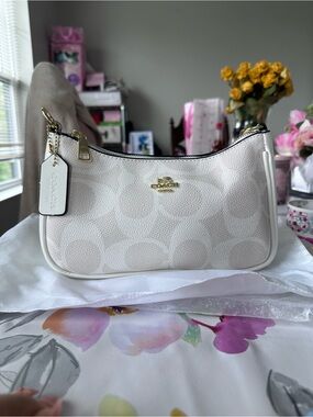 Coach Cream Signature Mini Shoulder Bag with Gold Hardware